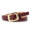 Slim burgundy leather belt with a chunky gold square buckle for women's dresses - Coffee