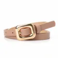 Women's slim leather belt in nude pink with a polished gold square metal buckle - Khaki