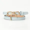 Light blue slim leather belt for women featuring a gold bow-shaped metal buckle - Light Blue