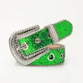 Bright green sequin belt with silver rhinestone buckle and eyelets on white background - 110cm x 3.8cm / Green