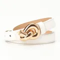 Chic white faux leather skinny belt for women with a decorative gold knot buckle - White