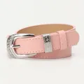 Pink faux leather belt for women featuring a vintage engraved silver metal buckle - Pink
