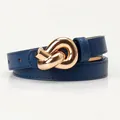 Dark blue Saffiano leather belt for women featuring a polished gold knot-style buckle - Navy Blue