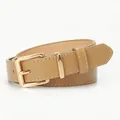 Eleganter khakibrauner Damenledergürtel mit goldener Schnalle und weißer Kontrastnaht - Khaki