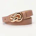 Light brown leather belt for women featuring a gold knot buckle and white stitching details - Khaki