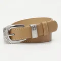 Women's vintage light brown skinny leather belt with floral carved silver buckle - Khaki