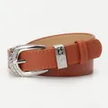 Cintura da donna vintage in pelle marrone con fibbia in metallo argento intagliato - Cammello