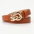 Caramel brown leather belt for women with elegant golden artistic knot buckle design - Camel
