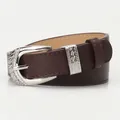 Dark brown leather belt with vintage floral engraved silver buckle and beige lining - Coffee