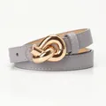 Chic light gray skinny belt for women with elegant golden metal knot buckle detail - Gray