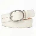 Women's minimalist off-white cross-grain PU leather belt with silver oval buckle - White