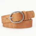 Light brown textured belt with oval silver buckle for women's jeans and casual outfits - Camel