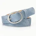 Light blue denim texture PU leather belt with matte silver oval buckle for jeans - Blue