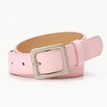 Ceinture femme en cuir rose clair avec boucle carrée argent mat et surpiqûres fines - Rose