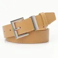 Elegante cintura in pelle marrone chiaro con fibbia argentata e cuciture bianche - Cachi