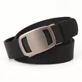 Men's tactical black woven nylon belt with a sleek brushed silver alloy automatic buckle - Black