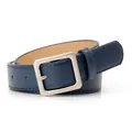 Minimalist navy blue leather belt with silver square buckle for women's casual jeans - Navy Blue