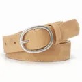 Light brown faux leather belt with silver oval buckle and white contrast stitching - Khaki
