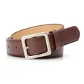 Dark brown leather belt with square silver buckle and neat stitching for casual denim wear - Coffee