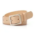 Minimalist light brown leather belt with matte silver square buckle and stitching - Khaki