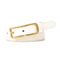 White faux leather thin waist belt for women with double rectangular brass metal buckles - White