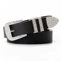 Western rivet rhinestone belt with silver buckle for women and denim jeans - Black