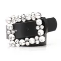 Elegant black women's belt featuring a large square buckle encrusted with clear rhinestones - Black