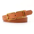 Minimalist brown leather belt for women featuring a vintage double rectangle gold buckle - Camel