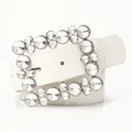 Chic white fashion belt for women featuring a sparkling rhinestone square buckle - White