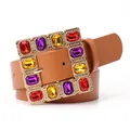 Brown leather belt for women featuring a large square buckle with colorful gemstones - Camel
