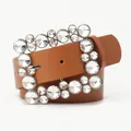 Brown leather belt for women featuring a large square buckle encrusted with shiny rhinestones - Camel