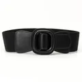 Classic black elastic wide waist belt for women with elegant faux leather front buckle - Black