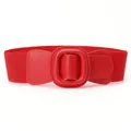 Fashionable red wide elastic waist belt with faux leather and large square buckle - Red