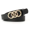 Women's black leather belt with three interlocking gold metal rings buckle - Black