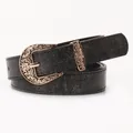 Cintura da donna vintage in pelle nera con fibbia dorata incisa e trama effetto craquelé - Nero
