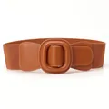 Women's wide elastic waist belt in caramel brown with matching leather wrap buckle - Camel
