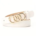 Elegant white faux leather belt for women featuring a triple interlocking gold ring buckle - White