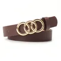 Women's slim belt in dark brown leather with a stylish golden triple-ring buckle design - Coffee