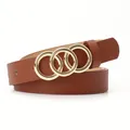 Women's brown leather belt featuring a stylish triple-loop gold metallic buckle detail - Camel