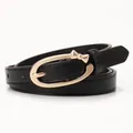 Slim black PU leather belt for women featuring a golden alloy bow-knot buckle - Black