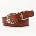 Ceinture femme cuir marron vintage avec boucle florale en bronze pour jeans - Café
