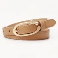 Elegant tan PU leather skinny belt with golden bow buckle and contrast stitching - Khaki