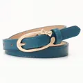Women's teal PU leather skinny belt featuring a sweet gold bow buckle for jeans - Ocean Blue