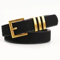 Minimalist black suede belt for women featuring a vintage gold buckle and metal loops - Black