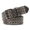 Punk black leather belt with triple-prong buckle and hollow octagonal metal rivets - Triple Prong Buckle Style / Black With Gunmetal Hardware