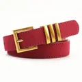 Retro burgundy suede belt for women with elegant golden pin buckle and stitched edges - Red