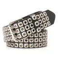 Black punk leather belt with three rows of silver metal eyelets and a double-prong buckle - Double Prong Buckle Style / Black + Silver Hardware