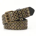 Punk black leather belt with three rows of antique bronze metal eyelets and 3-pin buckle - Triple Prong Buckle Style / Black With Bronze Hardware