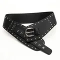 Retro black wide PU leather belt featuring punk style silver studs and buckle - 103 / Black
