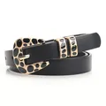 Classic black leather belt for women with gold-tone animal print alloy buckle - Black